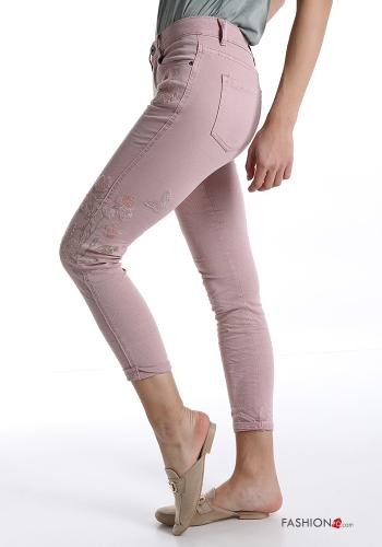  Embroidered Cotton Jeans with pockets Pink