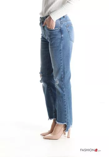  Jeans en Coton déchiré évasé asymétrique avec poches à franges 