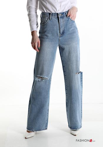  Jeans in Cotone strappati vita alta wide leg con tasche 