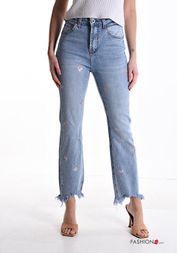  heart motif Cotton Jeans with sequins with fringe with pockets