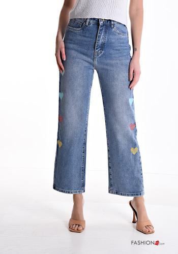  heart motif wide leg Cotton Jeans with pockets