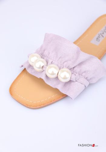  Sandalias planas imitación de cuero con perlas 