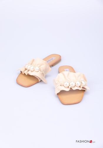  faux leather Slide Sandals with pearls White Cream