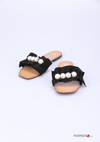  faux leather Slide Sandals with pearls Black