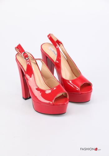  Zapatos de tacón alto punta abierta con plataforma ajustable con correa  Rojo