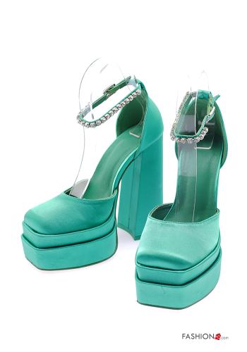  Sapatos de salto cetim meia pata com strass com pulseira 