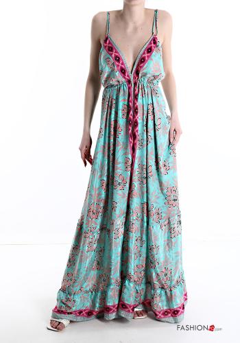  Jacquard print v-neck Silk Sleeveless Dress with bow