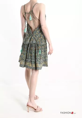  Jacquard print v-neck Silk Sleeveless Dress with flounces