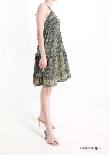  Jacquard-Muster V-Ausschnitt Ärmelloses Kleid aus Seide mit Volants