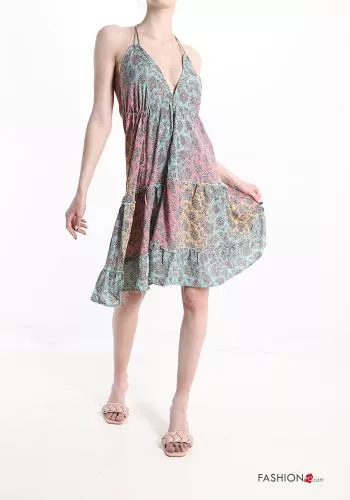  Jacquard-Muster Ärmelloses Kleid aus Seide mit Volants mit V-Ausschnitt