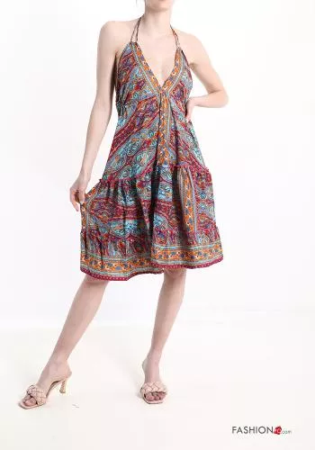  Jacquard print v-neck Silk Sleeveless Dress with flounces