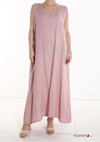  Farbiges Muster Oversize lange Ärmelloses Kleid aus Leinen mit Taschen mit V-Ausschnitt