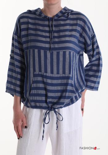  Blusa em Linho às riscas com bolsos com capuz com cordão 