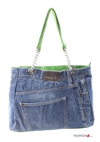  Graphic Print denim Cotton Bag with pockets with zip Light green