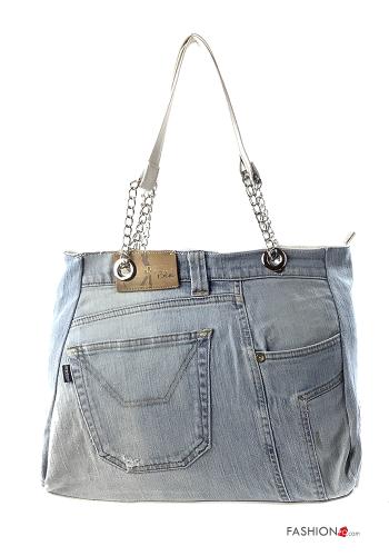  Graphic Print denim Cotton Bag with pockets with zip White
