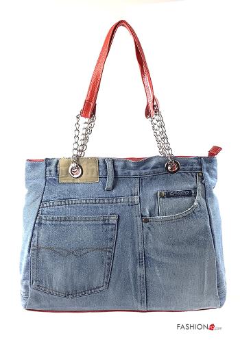  Graphic Print denim Cotton Bag with pockets with zip Red