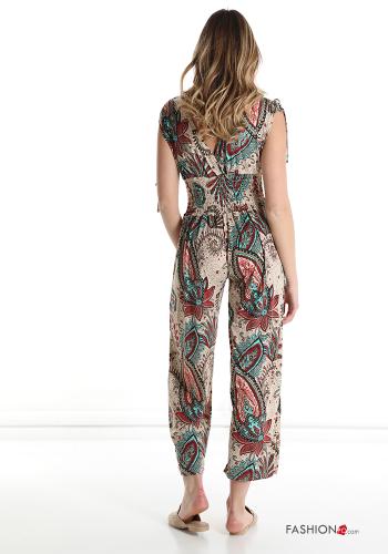  Jacquard print v-neck Jumpsuit with bow