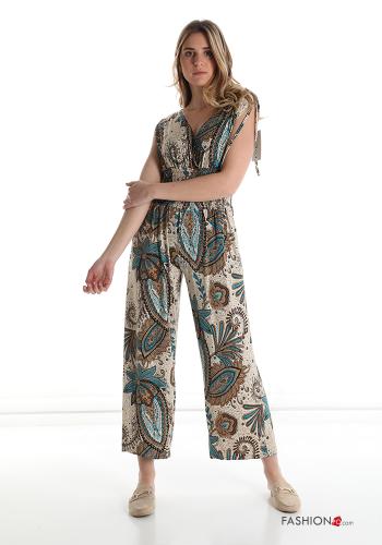  Jacquard print v-neck Jumpsuit with bow Teal
