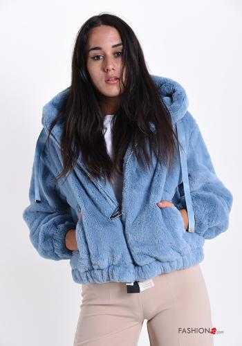  faux fur Jacket with pockets with hood with zip Light -blue