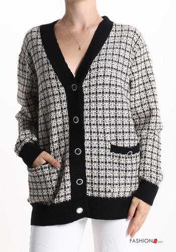  Vichy Cardigan with buttons with v-neck with pockets Grey