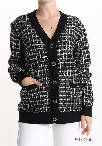  Vichy Cardigan with buttons with v-neck with pockets Black