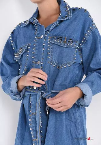  denim Cotton Shirt with belt with buttons with studs with pockets