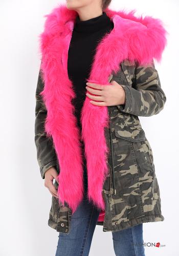 Camouflage print Cotton Parka with belt with pockets with faux fur with zip Fucsia