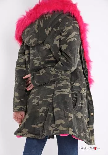 Camouflage print Cotton Parka with belt with pockets with faux fur with zip