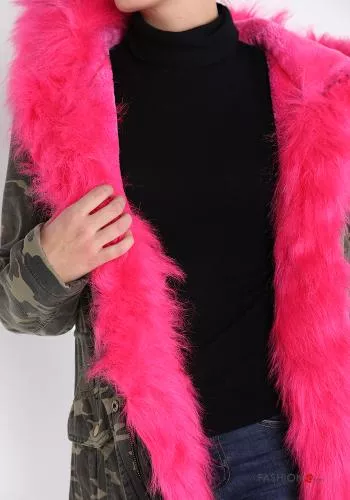 Parka in Cotone Fantasia camouflage con cintura con pelliccia con zip con tasche
