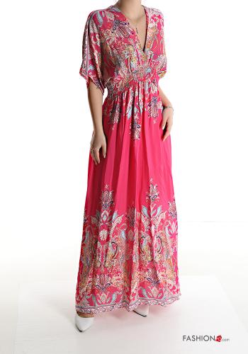  Jacquard print short sleeve long Cotton Dress with v-neck