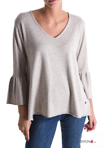  Maglione scollo a V maniche a tre quarti  Cammello