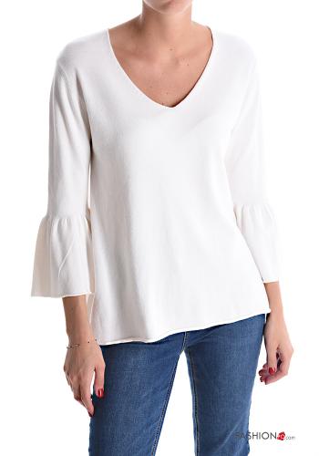  Maglione scollo a V maniche a tre quarti  Bianco