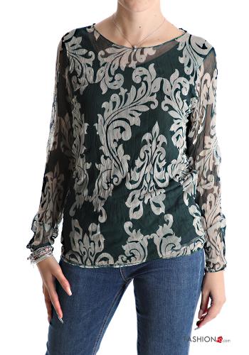  Jacquard print tulle Long sleeved top 
