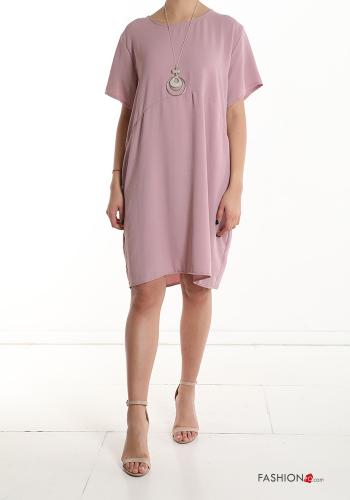  short sleeve knee-length Dress with necklace Pink