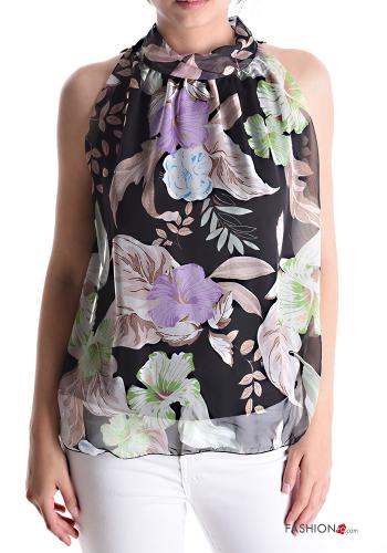  Floral sleeveless Blouse with bow Black