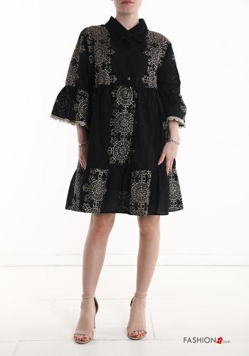  Patterned lace trim Dress with flounces 3/4 sleeve with buttons Black