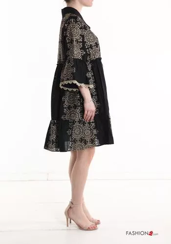  Patterned lace trim Dress with flounces 3/4 sleeve with buttons