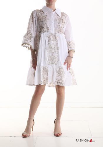  Patterned lace trim Dress with flounces 3/4 sleeve with buttons White