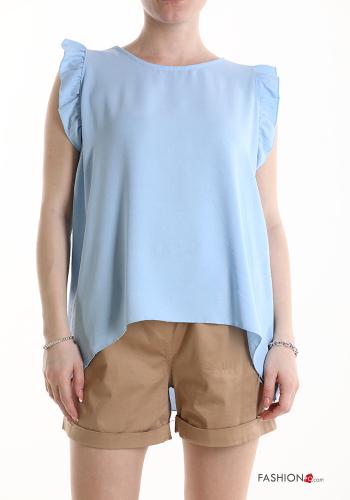  sleeveless Blouse with flounces Light -blue