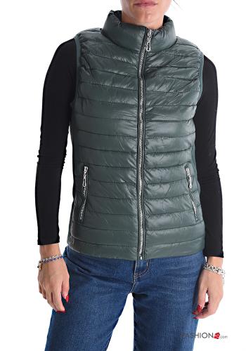  Chaleco acolchado con bolsillos con cremallera de cuello alto  Grís espárrago