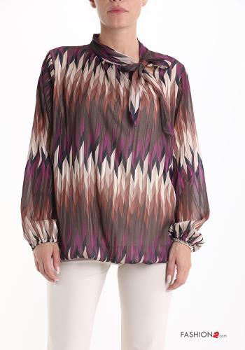  Abstract print Blouse with bow Dark chestnut