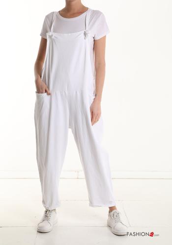  Cotton Dungaree with pockets with suspenders White