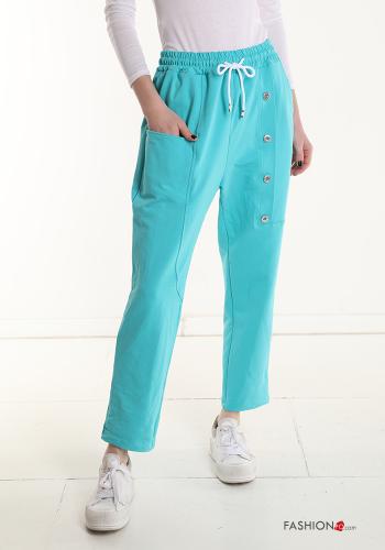  Cotton Joggers with pockets with elastic with drawstring with buttons Cyan