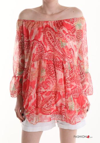  Jacquard print Tunic with flounces with elastic Red