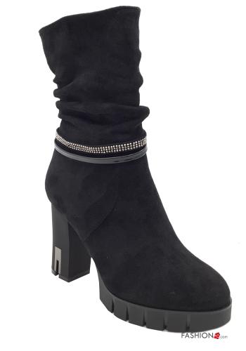  Suede platform Ankle boots with zip with rhinestones Black