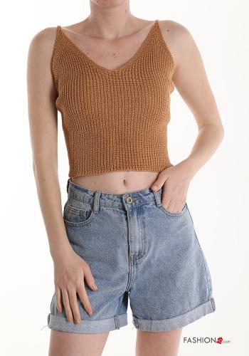  Top in Cotone scollo a V  Marrone
