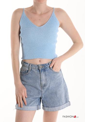  Top in Cotone scollo a V  Celeste