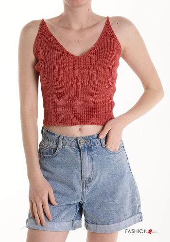  Top in Cotone scollo a V  Rosso mattone
