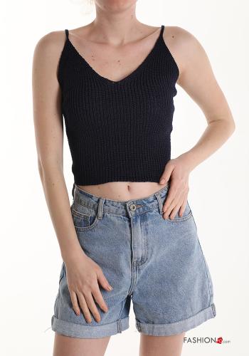  Top in Cotone scollo a V  Nero