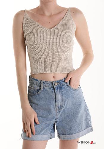  Top in Cotone scollo a V  Beige